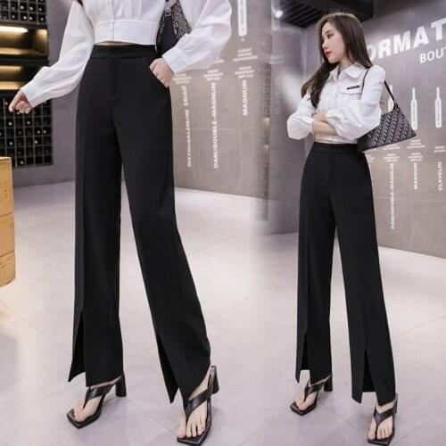 Straight Black Suit Pants Women Autumn High Waist Casual Womens Pants Wide Leg Split Workwear Formal Pants Spring Slit Trousers