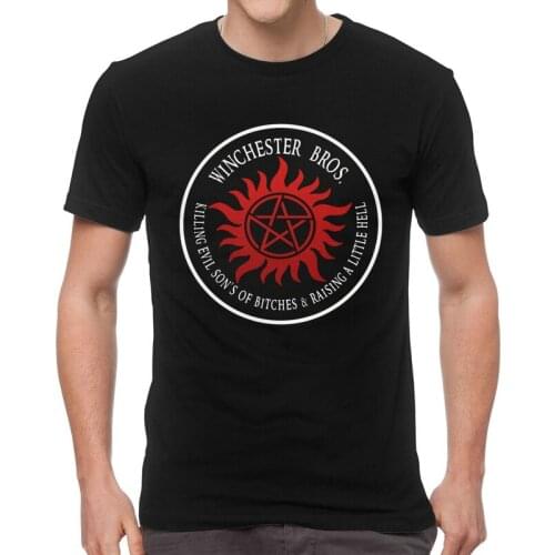 Mens Winchester Bros Protection Symbal Ring T-Shirt Supernatural Tshirt Short Sleeve Hip Hop T Shirt Homme Cotton Tee Top Merch