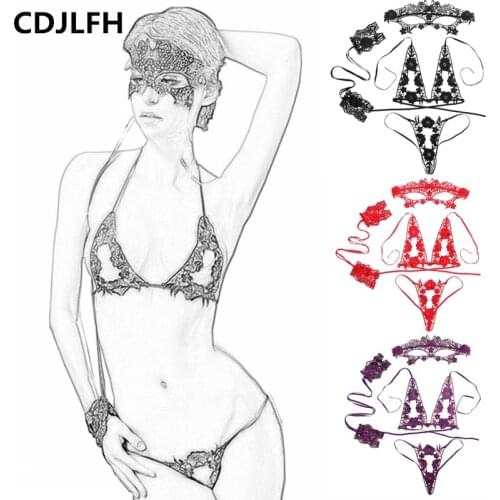 4pcs Set Women Bra Set Sexy Mask + Hand Circle + Bra Brief Sets Underwear Lingerie Black Lenceria