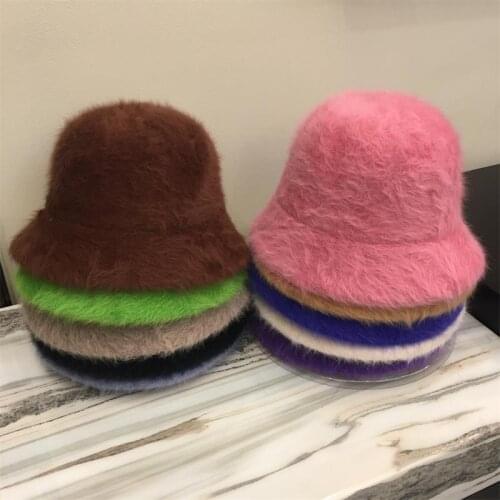Solid Color Rabbit Fur Hat Bucket Cap Fisherman Hat Retro Knitted Wool Basin Bucket Hat