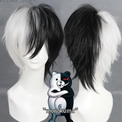 Anime Danganronpa monokuma Cosplay hairwear short Black+white Wave Wig+Wig Cap
