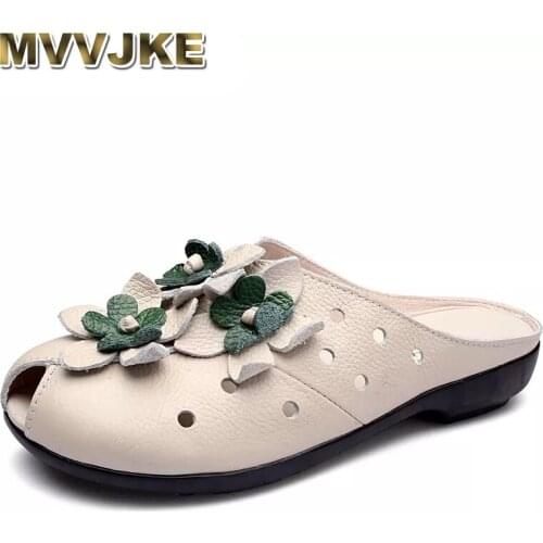 MVVJKE Genuine Leather Flats Women Sandals Closed Toe Slippers Summer Women Shoes Hand Cut Flower Slides