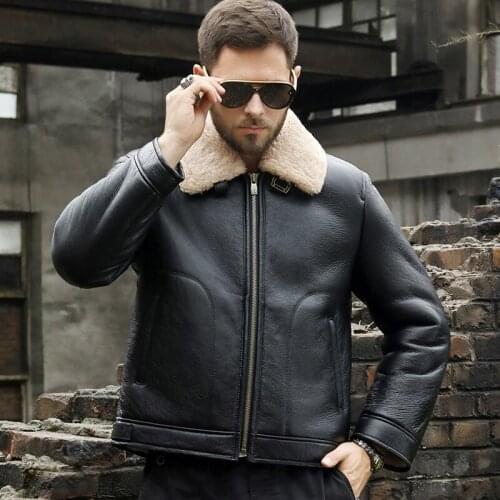 New Mens Sheepskin Shearling Jacket Short Motorcycle Jacket Black Leather Jacket Mens Winter Coats Fur Coat