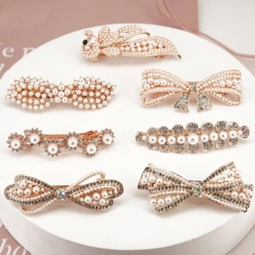 New Creative Simple Pearl Hairpin Bow Hairpin Crystal Spring Clip Retro Alloy Headdress Sen Hair Accessories