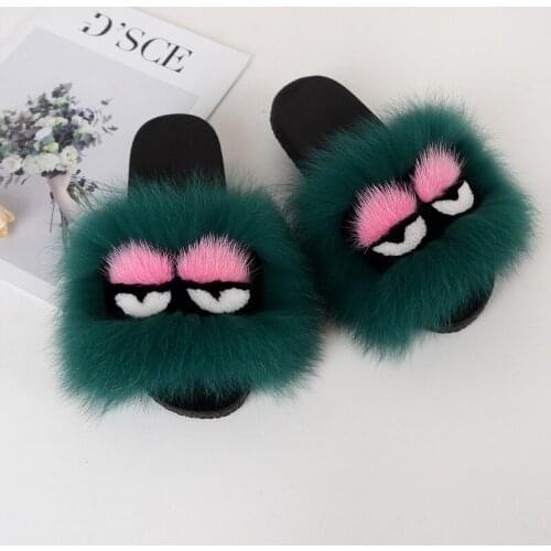Factory wholesale fox fur fashion little monster slippers furry shoes female summer wear a word of slippers fur sandals