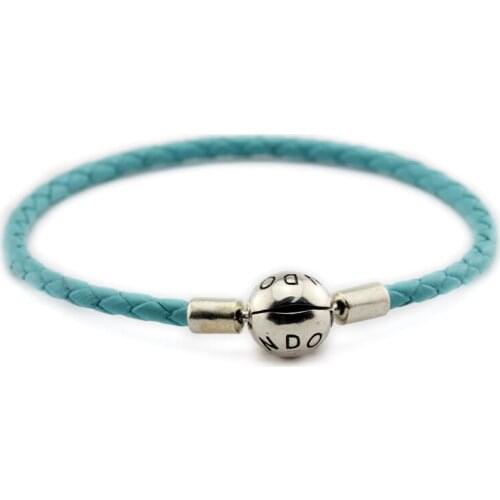 Authentic 925 Sterling Silver Jewelry Ocean Blue Leather Bracelets Free Shipping