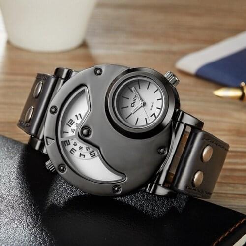 OULM 9591 Antique Brand Watches Men Army Military Dual Time Zone Mens Leather Starp Quartz Wrist Watch relogio masculino