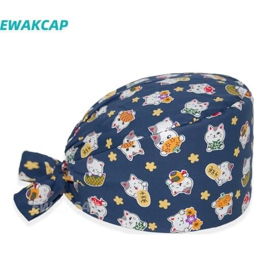 Cats pattern adjustable surgical hats for doctor cotton elastic band working cap animal scrub hat medical surgical caps