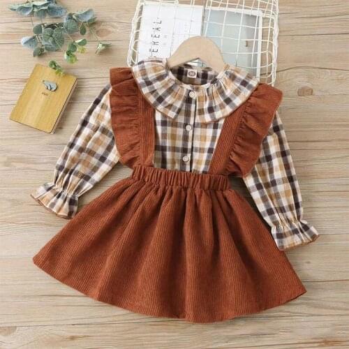 2-6Y Fashion Autumn Toddler Baby Girls Clothes Sets Plaid Ruffle Long Sleeve Shirt Tops+Corduroy Suspender Skirt 2pcs
