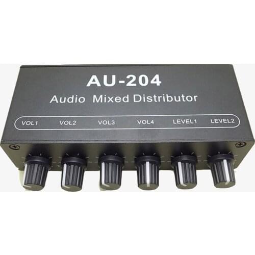 Stereo Mixer audio (2 input 4 output) Push four headphones or external power amplifiers Volume independent control DC5-19V
