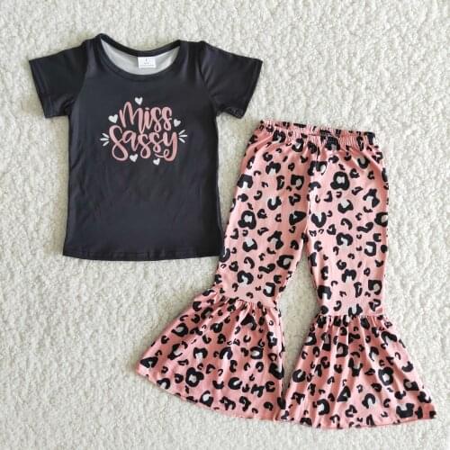 Spring Kids Boutique Outfits Toddle Girl Short Sleeve Shirt Top Miss Sassy Children Clothing Sets Pink Leopard Trousers RTS