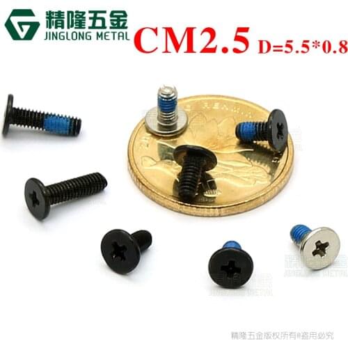 100pcs Flat thin head phillips/cross screws laptop screw CM2.5*5/9 computer repair screw with nylok carbon steel