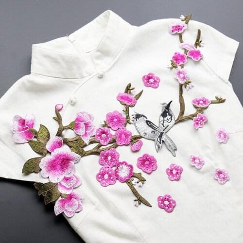 High Quality Embroidery Plum Blossom Patch Flower with Bird Patches DIY Clothing Sew On Sticker Patches for Dancing Dress Cloth