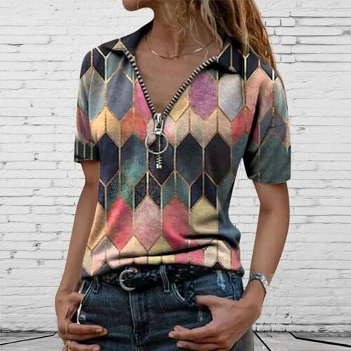 Tops Women T-Shirt Casual Summer Fashion Short Sleeve Print Cute Cat Plaid V-Neck Ladies Clothing Zipper Female Tops