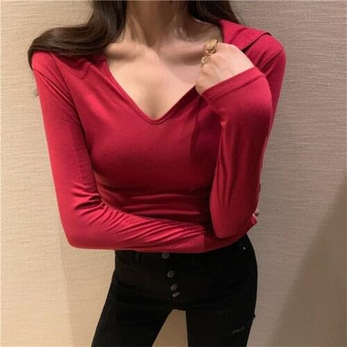 Autumn New Long Sleeve Hooded T-shirt Short With V-neck Slim Fit Korean Bottomed Sexy T Shirt Women Tshirt Top Wear Vogue Tees