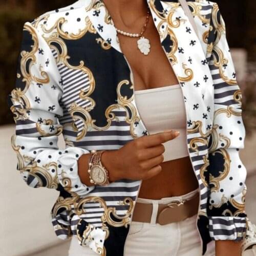 2021Autumn Women Fashion Thin Short Jackets Street style Tops Vintage Print Long Sleeve Zipper Slim Coat Ladies Casual Outerwear