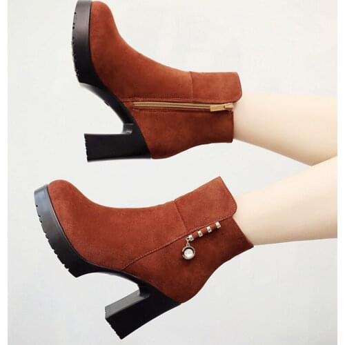 Plus Size Block Heel Platform Boots Women Shoes 2020 Synthetic Suede Ankle Boots Ladies High Heels Short Plush Boots