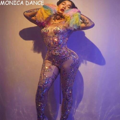 Women Sexy Stage Multi-color Sequins Spandex Jumpsuit Women Dancer show Leggings Birthday Prom Costume Singer Dance Outfit