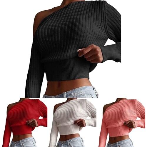2021 Spring Sexy Off Shoulder Sweater Tops Women Elegant Solid Long Sleeve Knitted Pullovers Ladies Fashion Casual Short Sweater