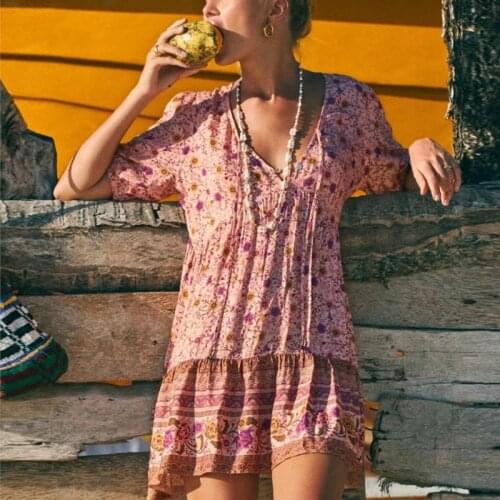 TEELYNN pink Floral Print robe A-line Mini Dress Women 2020 Beach Boho V Neck Short Summer Dress Vintage Loose Casual Vestidos