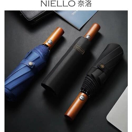 Niello 3 Fold Double Automatic Solid Wood Handle Gift Umbrella Windproof Academy Umbrella Corporation Kids Umbrella for Boy