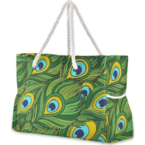 2021 Women Nylon Cartoon Ethnic Feathers Shopping Bag Shoulder Beach Bag Female Casual Tote Big Wild Rough Twine Ladies Handbags