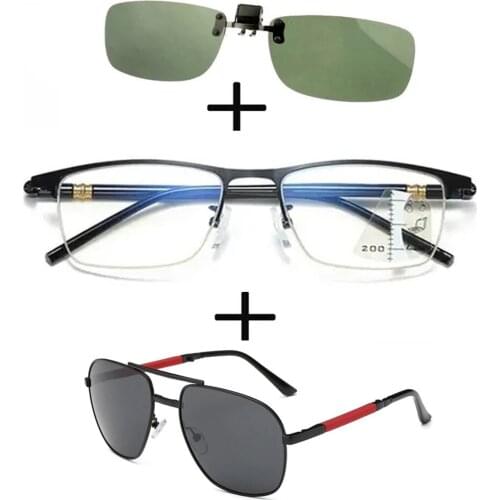 3Pcs!!!rectangular Metal Black Business Reading Glasses Men Women + Polarized Sunglasses Sports Ultraligero + Sunglasses Clip