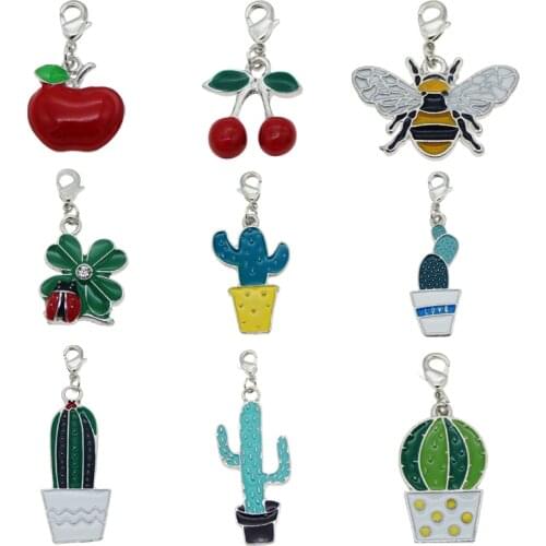 Julie Wang 4PCS Enamel Bee Apple Cactus Cherry Keychains Alloy Lobster Buckle Clasp Charms Key Chains Handmade Jewelry