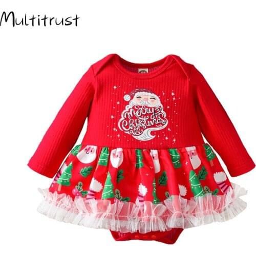 Baby Girl Bodysuit 2021 Christmas Printed Romper, Long Sleeve Ruffled Lace Skirt Hem and Snap Button Crotch Baby Clothes