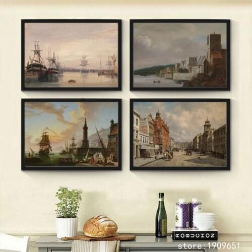 Cotton no frame classical boat seaside house scenery canvas printings oil painting printed on cotton wall art decoration picture
