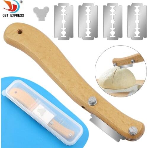Curved Bow Knife Bread Cutter Tool Bread Knife Cut French Toast Knife 5 Blade Wooden Handle Bakery Tool + Box packaging