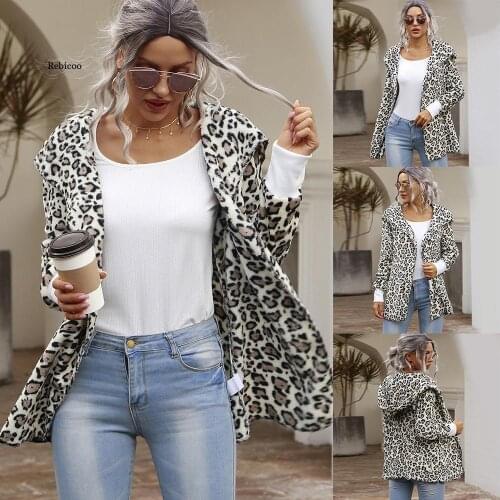 Classic Sexy Women Leopard Jacket Top Vintage Hood Warm Casual Winter Cardigan Long Sleeve Autumn Soft Coat Clothes Outwear