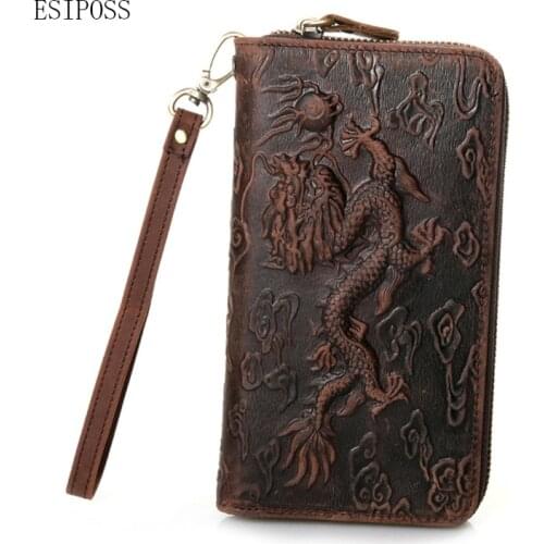 Chinese style design wallet Dragon pattern Cowhide leather wallet men clutch bag men card holder wallet purse mobile phone bag