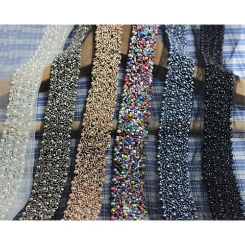 Free Shipping 3cm Fake Pearl Beaded Lace Trim Vintage Mesh Fabric Paillette Lace Beaded Pearl Trim Braid Lace Applique RS226