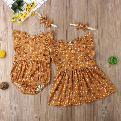 Citgeett Summer Yellow Toddler Kids Baby Little/Big Sister Floral Bodysuit Party Dress Summer Family Matching Clothing