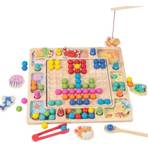 Kid Clip Beads Magnetic Fishing Educational Toy Multifunctional Clip Bead Fishing Game Hand-Eye Coordination Training Wooden Toy