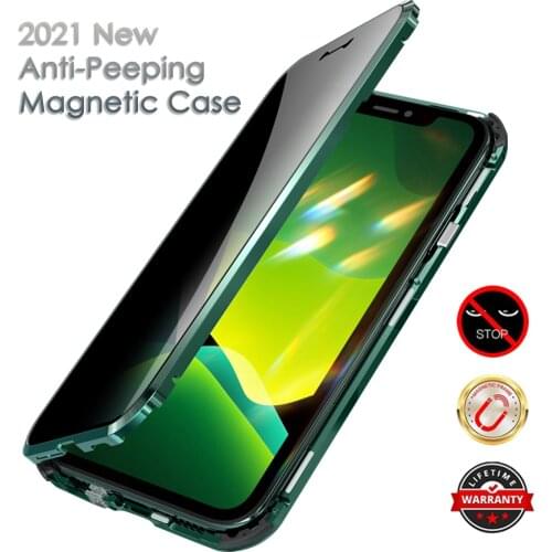 Privacy Tempered Glass Case For iPhone 11 Pro Max 12 Pro 12 Mini 360 Metal Magnetic Cover Snap-On Straight Edge Phone Case Coque