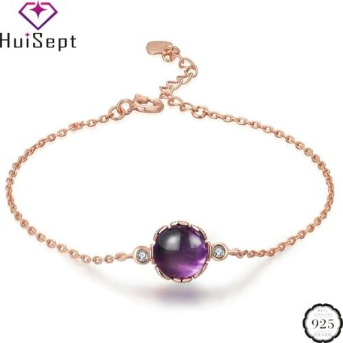 HuiSept Trendy Women Bracelet 925 Silver Jewellery Round Shaped Amethyst Gemstones Ornaments for Wedding Party Gifts Wholesales