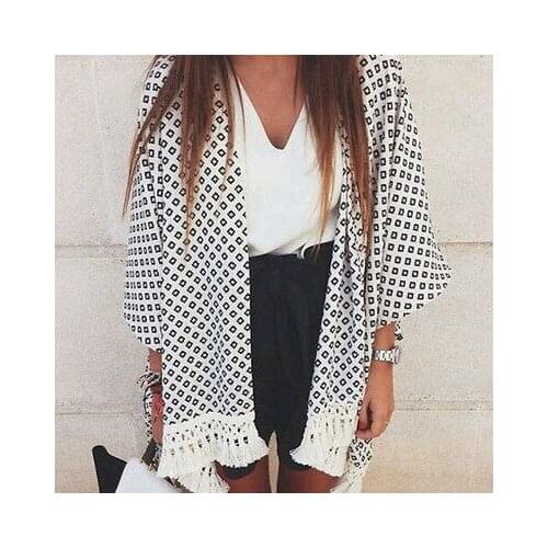 New Women Ladies Clothing Tops Ethnic Small squares printed Lace Floral Tassel Batwing Sleeve Kimono Cardigan Tops Blouse