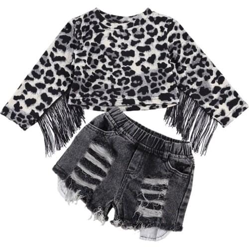 1-6 Years Kids Baby Girl Clothes Set Leopard Print Long Sleeve Tassel Blouse Denim Shorts Outfits Toddler Tracksuit Clothing