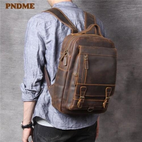 PNDME high quality crazy horse cowhide mens backpack fashion vintage travel bagpack luxury designer waterproof laptop bookbag