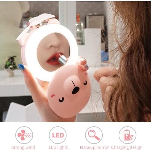Cartoon Pig Portable Makeup Girl Mirror with LED Light Cartoon Folding Fan USB Charging Natural Bright Adjustable Pink Bath Tool