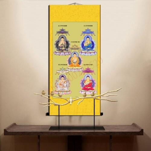 Five Buddha statues, Bodhisattva statues hanging paintings, Buddha Hall decoration paintings, silk scroll paintings