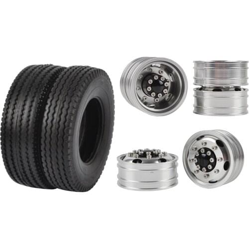 RC Car 1/14 Alloy Front and Rear Tractor Rims 1/14 Rubber Trailer Car Tires for 1/14 Tamiya Tractor Truck Climbing Trailer