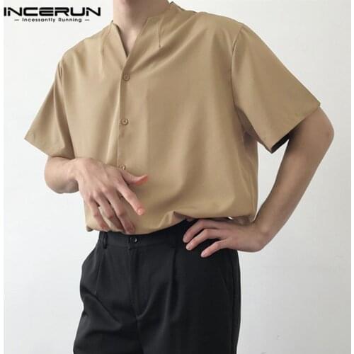 Mens Solid Color Shirts Short Sleeve V Neck Vintage Blouse INCERUN Male Korean Style Loose Camisa Retro Breathable Shirts 5XL 7