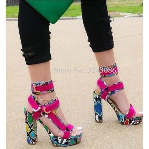 Women Multi Color Snakeskin Chunky Heel Platform Sandals Sexy Buckle Strap Dress Sandals Ankle High Top Python Patchwork Shoes