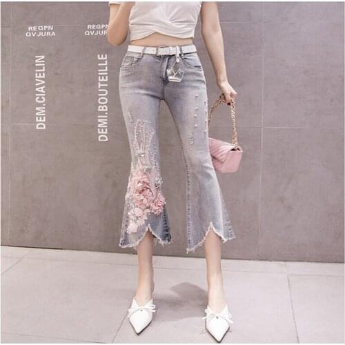 Sweatpants Limited Promotion Free Shipping 2020 La Jeans Wome Spring High Waist Flowers Nail Beads Sequins Thin Elastic Pants