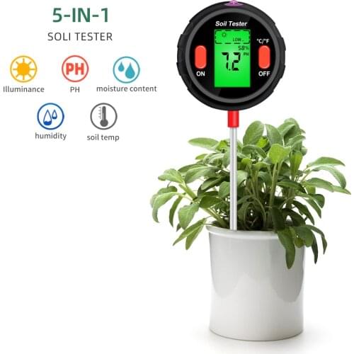 Soil Tester Digital 5-in-1 Soil pH Meter Moisture Meter PH Levels Temperature Sunlight Intensity Humidity Plant soil meter