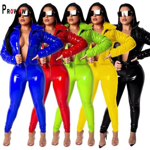 Prowow Pu Leather Glossy Women Jackets 2021 New Winter Thick Solid Color Coat for Woman Short Style Zipper Female Down Outerwear