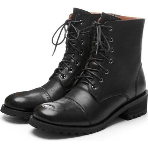 Womens platform heels boots women new distressed thick heel retro boots leather patch French round head short boots female